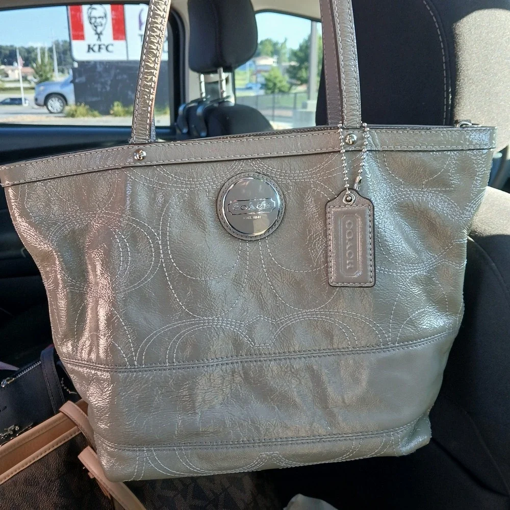 Coach Preowned Signature C Metallic Gray Purse Handbag Stitched Logo & Hang Tag